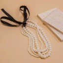 Collar choker de perlas de múltiples capas de 36 cm con lazo negro, cierre elegante 9