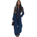 Combinaison bleue pour femme avec fermeture éclair Décolleté en V Manches longues Pantalons longs Coupe élégante et ajustée Polyester confortable 1
