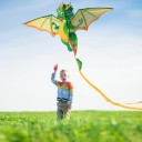 Cometa en forma de dragón chino 150 x 120 cm Dragón verde y amarillo con cuerda de 50 m Cometa de poliéster resistente para diversión al aire libre 3