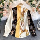 Completo da donna con camicia a maniche lunghe e pantaloni corti Stampa ornamentale barocca Colore nero, crema e oro giallo Vita alta Poliestere 4