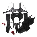 Completo di lingerie da donna in rete con reggiseno con ferretto e reggicalze con slip, completato da calze e guanti lunghi 1