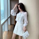 Completo donna blusa e gonna corta Maniche trasparenti Lunghe fiocco al collo Tessuto strutturato Bottoni decorativi Poliestere e cotone 4