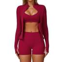 Completo sportivo da donna con felpa, pantaloni corti e reggiseno sportivo, nylon, spandex, monocolore, ideale per fitness e tempo libero, comodo e alla moda 2