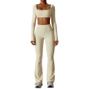 Completo sportivo da donna con pantaloni e crop top a maniche lunghe, monocolore, nylon, spandex, comodo e stiloso per il fitness 5