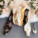 Compleu damă bluză cu mânecă lungă și pantaloni scurți Print ornamental baroc Culoare neagră, crem și aurie Talia înaltă Poliester 3