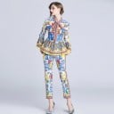 Compleu damă bluză și pantaloni Model ornamentat colorat Bluza cu fundă la gât și volan în talie Mâneci clopot Pantaloni scurți 1