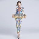 Compleu damă bluză și pantaloni Model ornamentat colorat Bluza cu fundă la gât și volan în talie Mâneci clopot Pantaloni scurți 4