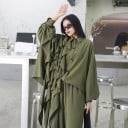 Compleu damă cămașă asimetrică cu volane și pantaloni largi cu elastic în talie Croială Oversize Mâneci tip balon Poliester și bumbac 6
