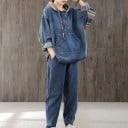 Compleu din denim pentru femei, hanorac cu glugă și pantaloni Croială lejeră Detalii colorate în dungi Buzunar tip kengur pe față Talie cu șnur Bumbac 5