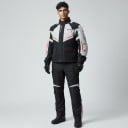 Compleu moto impermeabil jachetă și pantaloni Jachetă cu guler și buzunar cu clapă Pantaloni cu talie elastică Negru-gri cu elemente roșii 2