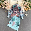 Compleu pentru femei cămașă bleu deschis și fustă mini cu imprimeu tropical Cămașă cu mâneci balon și guler Fustă scurtă în formă de A Poliester 3