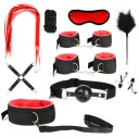 Conjunto de 10 pcs de acessórios eróticos BDSM para bondage e excitantes jogos íntimos, incluindo algemas, bola, chicote e coleira. Embalagem discreta 12