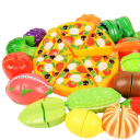 Conjunto de 37 brinquedos de cozinha para crianças com frutas, legumes, outros alimentos, 6 fatias de pizza, mochila de compras 23 x 8 x 29 cm, 2 facas, tábua de corte dupla face e 2 pratos 4