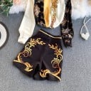 Conjunto de camisa de manga larga y pantalones cortos para mujer Estampado de ornamento barroco Color negro, crema y dorado Amarillo Cintura alta 5