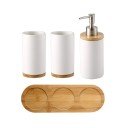 Conjunto de casa de banho em cerâmica e madeira 4 pcs Dispensador de sabonete líquido com bomba Dois copos para escovas de dentes e base 1