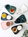 Conjunto de chá cerâmico chávena 260 ml com prato e colher Asa Dourada e inscrição decorativa Prato Alongado 20 x 14 cm com espaço 9