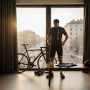Conjunto de Ciclismo Masculino Camisola de Manga Curta e Calções com Almofada 90 % poliéster e 10 % Lycra Azul escuro riscado e preto 5