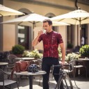 Conjunto de Ciclismo Masculino Camisola de Manga Curta e Calções com Suspensório Branco e Almofada 90 % poliéster e 10 % Lycra Vinho e Preto 7