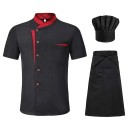 Conjunto de cozinheiro com blusa de mangas curtas, botões, gola alta, avental, chapéu, bolso, algodão, poliéster, vestuário de trabalho para a cozinha 1