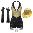 Conjunto de dança feminino com vestido de lantejoulas e franjas, chapéu e luvas, estilo colete com colarinho, poliéster elastano 2