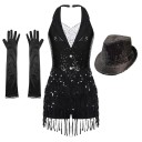 Conjunto de dança feminino com vestido de lantejoulas e franjas, chapéu e luvas, estilo colete com colarinho, poliéster elastano 3