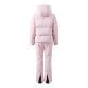 Conjunto de esqui feminino com casaco acolchoado com capuz e calças de esqui com pernas alargadas conjunto rosa para esqui e desportos de inverno 11