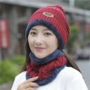 Conjunto de invierno de punto para mujer: gorra y cuello Cálido pelaje en el interior Corte caído Patrón de punto tridimensional Lana 2