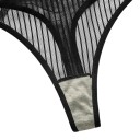 Conjunto de lencería femenina de malla transparente con rayas, sujetador con aros y copas sin relleno y tanga con cintura ancha 14