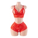 Conjunto de lingerie em renda para senhora com sutiã aberto e recortes e cuecas transparentes com abertura 3