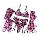Conjunto de lingerie feminino de cinco peças com padrão de leopardo: sutiã com aros, ligador, tanga, meias e luvas longas 1