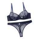 Conjunto de lingerie feminino em rede transparente com riscas, sutiã com aros e copas não almofadadas e fio dental com cintura larga 6