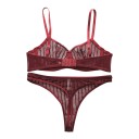Conjunto de lingerie feminino em rede transparente com riscas, sutiã com aros e copas não almofadadas e fio dental com cintura larga 9