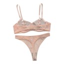 Conjunto de lingerie feminino em rede transparente com riscas, sutiã com aros e copas não almofadadas e fio dental com cintura larga 12