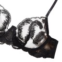 Conjunto de lingerie preto para mulher com sutiã semi-transparente com aros e padrão bordado de penas e fio dental com alças ajustáveis 5