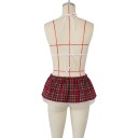 Conjunto de lingerie xadrez vermelho com sutiã triangular, tanga e saia mini com laços brancos 7