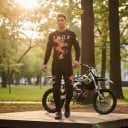 Conjunto de motocross camiseta y pantalones Camiseta perforada de manga larga y pantalones con hebilla Poliéster y nylon Negro con patrón 7
