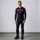 Conjunto de motokross com camisola de mangas longas e calças com riscas neon em degradê de rosa e laranja e detalhes em turquesa 3