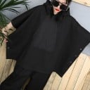 Conjunto de mujer oversize sudadera con capucha y pantalones de chándal Negro Mangas anchas tipo murciélago Bolsillo canguro Botones 3