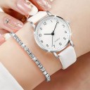 Conjunto de relógio de quartzo feminino com pulseira de couro e joias com pedras preciosas - colar, pulseira, brincos e anel branco. Presente elegante 2