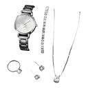Conjunto de relógio e joias femininas com pedras preciosas Cor Prata Bracelete Brincos Colar Anel Conjunto de joias elegante Presente para mulheres 3