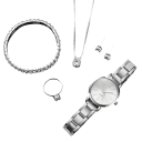 Conjunto de reloj y joyas para mujer con piedras preciosas Color plata Pulsera Pendientes Cadena Anillo Elegante conjunto de joyas Regalo para mujer 2
