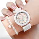 Conjunto de relojes de mujer blancos, correa de silicona, joyas blancas, perlas, motivo de corazón, pulsera, pendientes, cadena, anillo, regalo 2