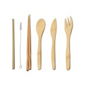 Conjunto de talheres de bambu 6 pcs em estojo de tecido Colher, garfo, faca, pauzinhos e palhinha com escovinha Para acampamentos e piqueniques 6