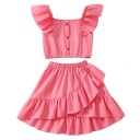 Conjunto de verano para niña Camiseta de manga corta y falda Fruncido Escote redondo con botones Conjunto elegante para niñas 6