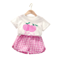 Conjunto de verano para niñas, camiseta de manga corta y pantalones cortos a cuadros, escote redondo, estampado de frutas, ropa 5