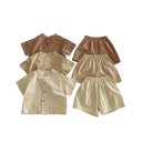 Conjunto de verano unisex para niños Camisa de algodón de manga corta Botones y bolsillos Diseño de un solo color Pantalones cortos cómodos 3