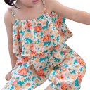 Conjunto de Verão para Meninas com Estampado Floral e Rendas, Top com Alças Finas e Calças com Cintura Elástica, Decote Redondo, Conjunto 1