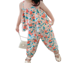 Conjunto de Verão para Meninas com Estampado Floral e Rendas, Top com Alças Finas e Calças com Cintura Elástica, Decote Redondo, Conjunto 2