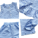 Conjunto de Verão para Meninas T-shirt de Algodão às Riscas com Alças Largas Franzido e Botões Calças às Riscas Azuis Conjunto Confortável 2
