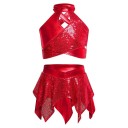 Conjunto de vestido de dança em duas peças para meninas com top de lantejoulas e saia assimétrica, conjunto em poliéster com brilho metálico para jazz e dança moderna 4